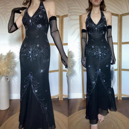 May Queen black beaded halter-neck evening dress uk 10