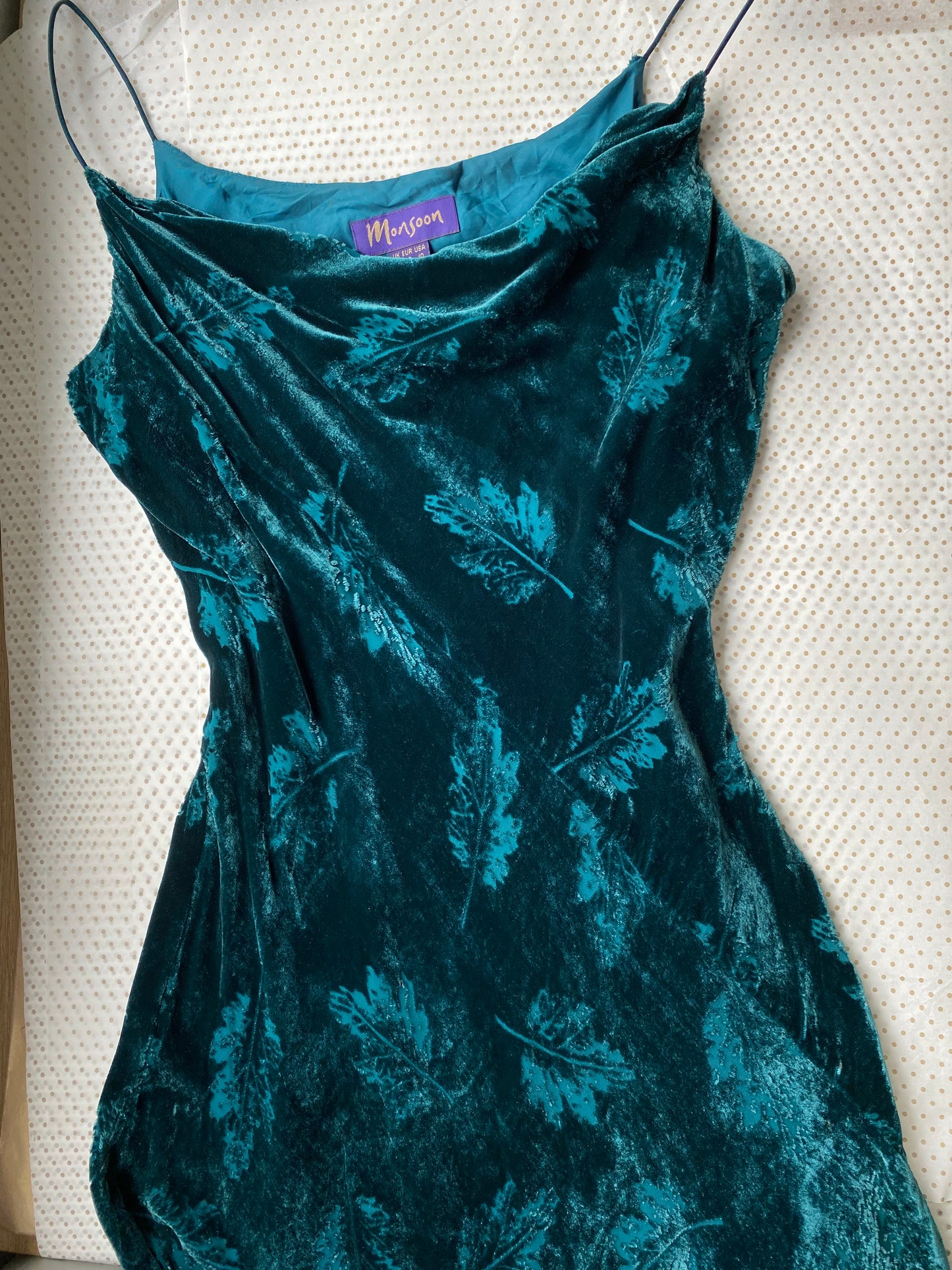 Monsoon teal leaf velvet slip dress UK 12