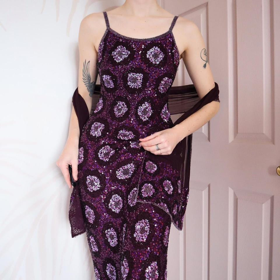 Purple Aftershock sequin 100% silk evening gown & shawl UK 10