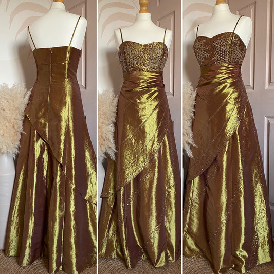 Golden petite taffeta beaded prom dress uk 12