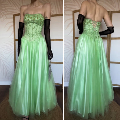 Bright green Tiffany Bling strapless a-line beaded prom dress UK 8