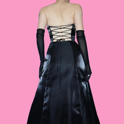 Silky black strapless beaded gown UK 6