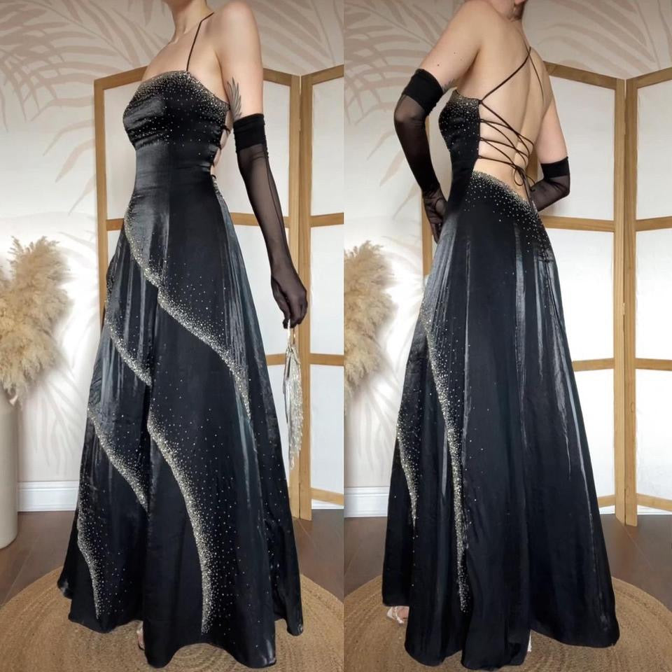 Black beaded lace back a-line prom dress uk 10