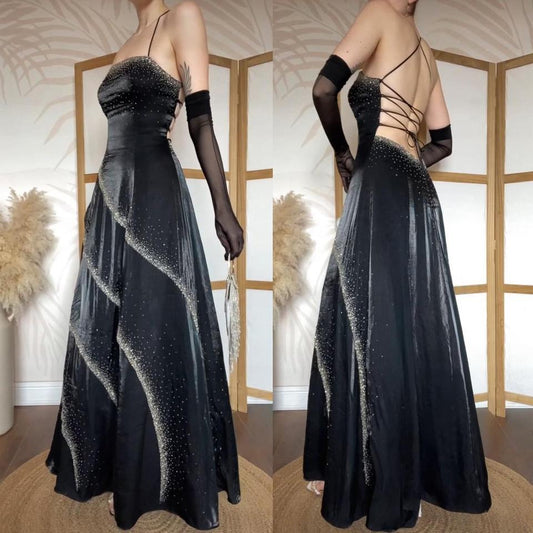 Black beaded lace back a-line prom dress uk 10