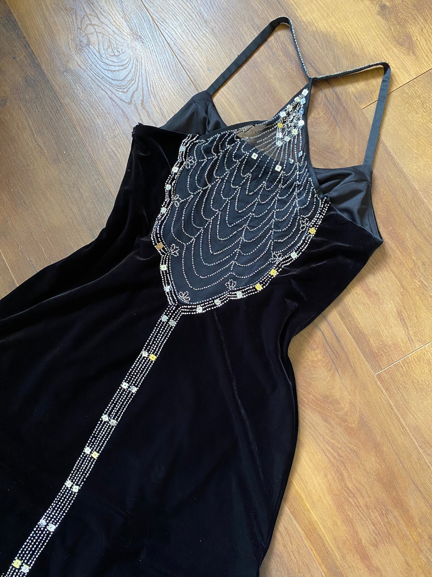 Black velvet beaded 90s evening dress uk 14