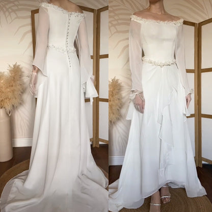 White petite off shoulder long sleeve vintage wedding dress uk 14