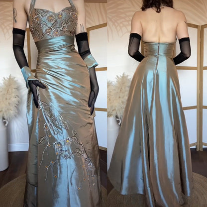 Iridescent grey/green halter prom dress uk 6
