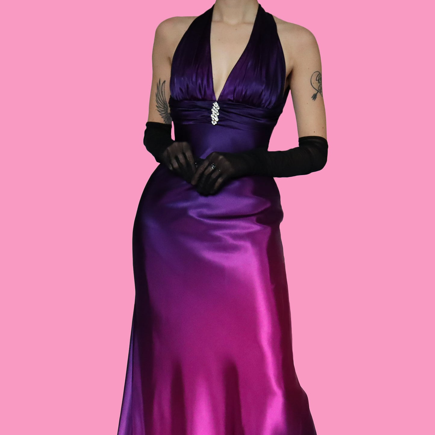 Purple & pink satin evening gown UK 8