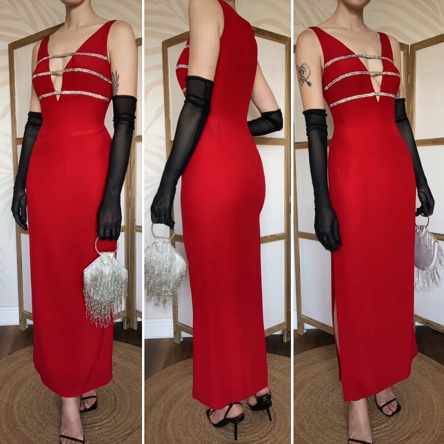 Red Dusk low cut diamanté evening dress uk 12