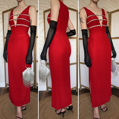 Red Dusk low cut diamanté evening dress uk 12