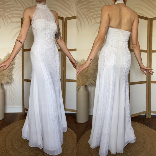 Frank Usher white lace high neck beaded wedding dress UK 12