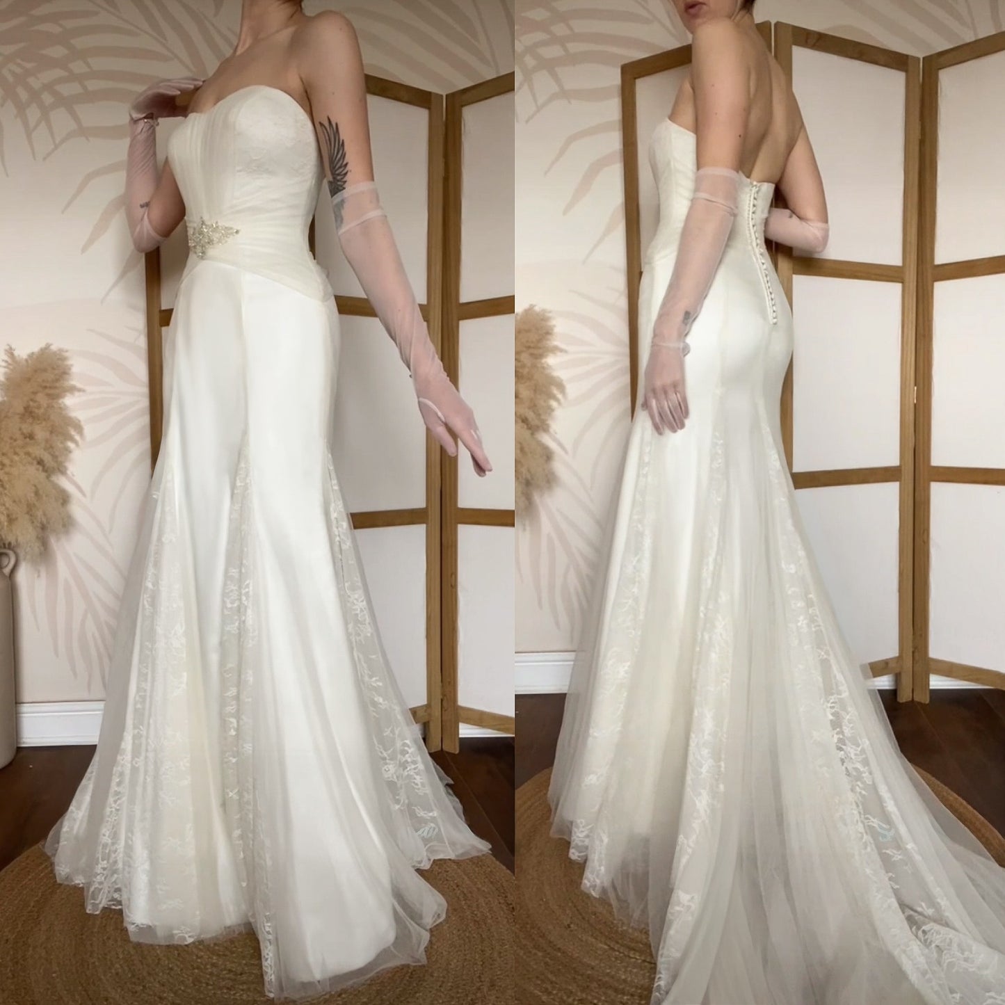 Ivory Benjamin Roberts lace strapless wedding gown uk 10