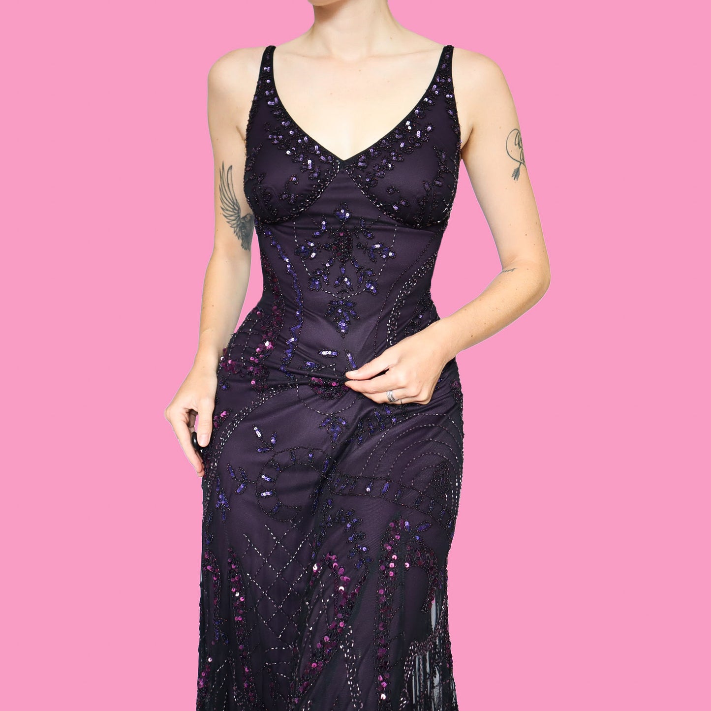 Purple petite bead & sequin evening dress UK 12