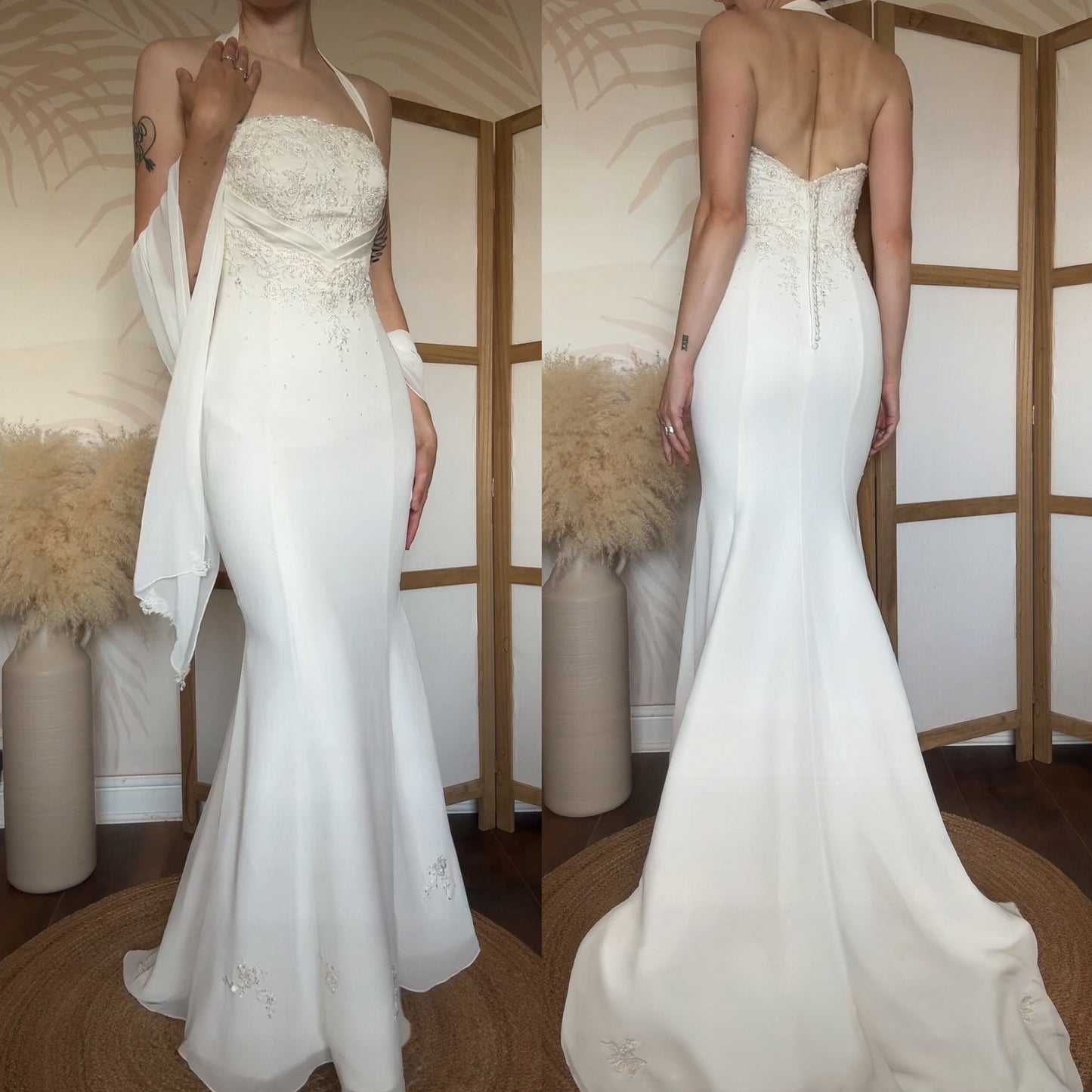 Ivory halter-neck lace wedding dress & shawl uk 8