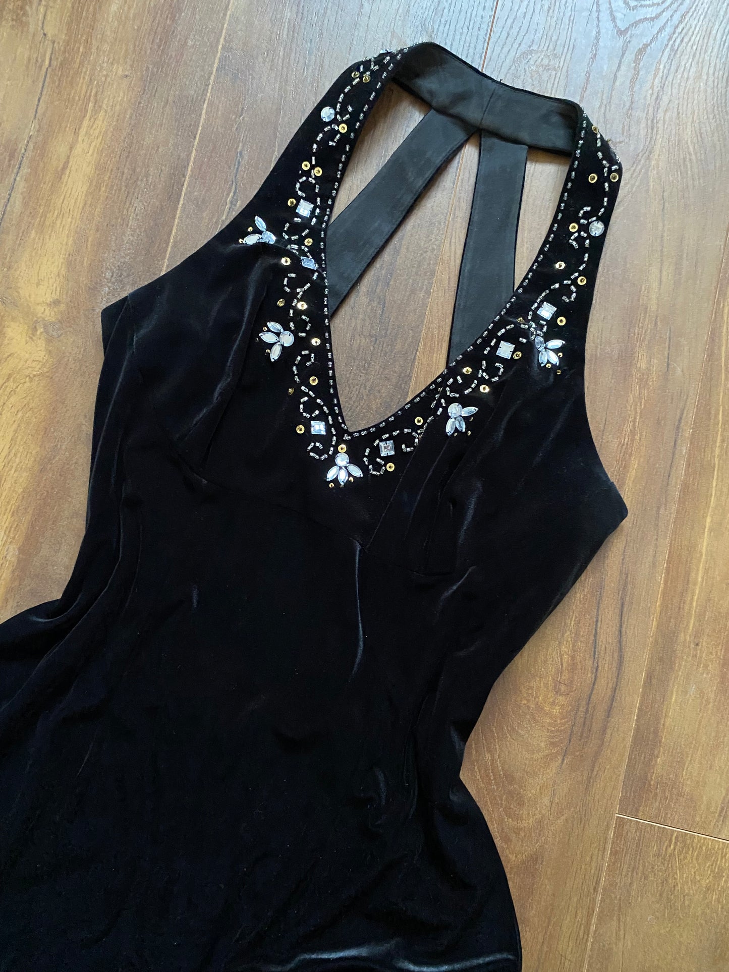 Flori Design black velvet beaded evening dress UK 14