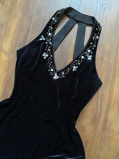 Flori Design black velvet beaded evening dress UK 14