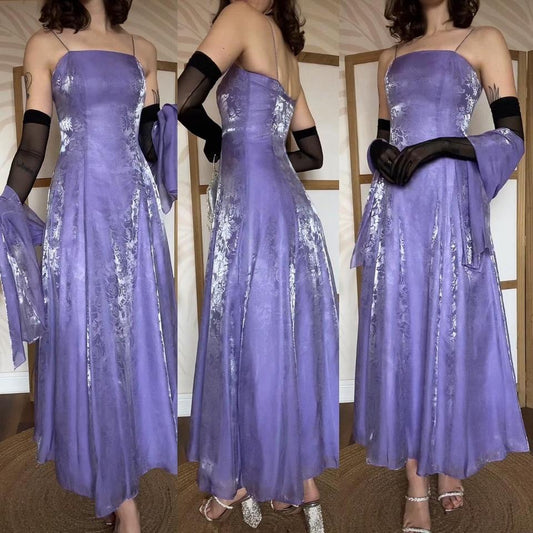 Purple fit & flare floral shimmery evening dress & shawl uk 8