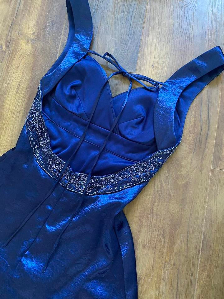 Shimmery blue open back evening dress uk 8-10