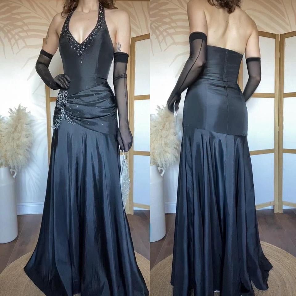 Black Jora halter-neck fit & flare prom dress uk 12