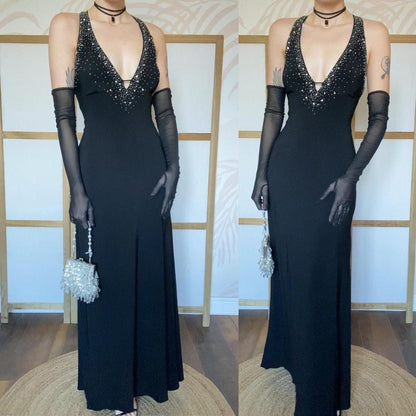Black stretch 90s beaded evening gown UK 12