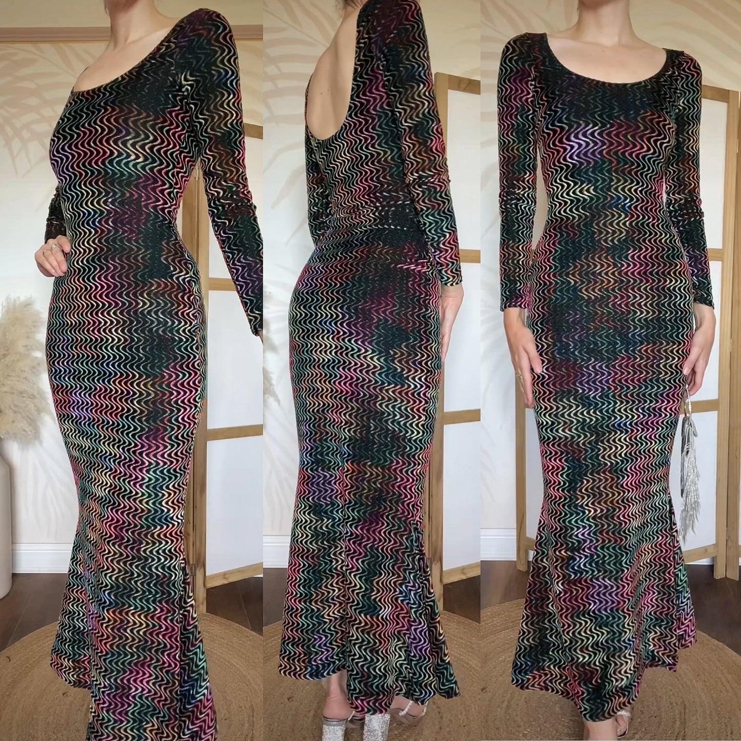 Colourful velvet long sleeve bodycon dress uk S/8-10