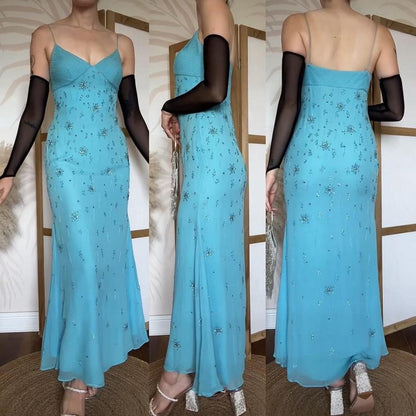 Light blue beaded 100% silk evening dress uk 10