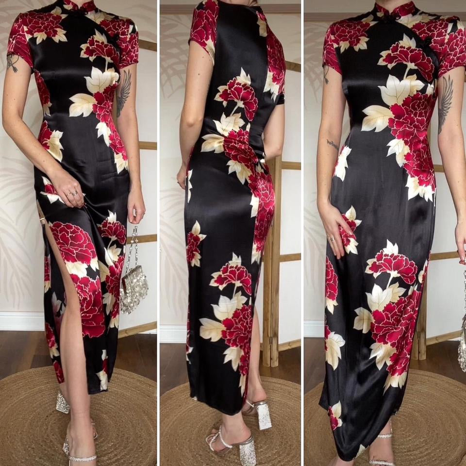 Charlotte Halton silky black floral dress UK 12