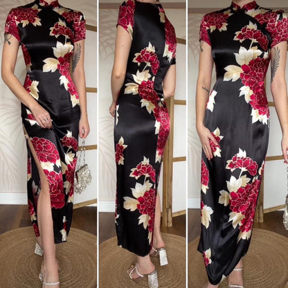 Charlotte Halton silky black floral dress UK 12