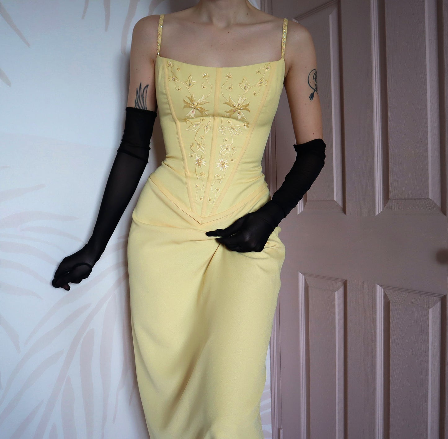 Hilary Morgan vintage yellow evening dress UK 14-16