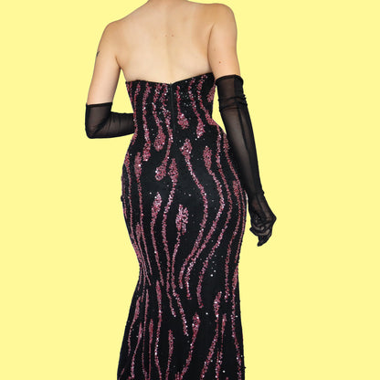 Black 100% silk pink sequin strapless dress UK 14