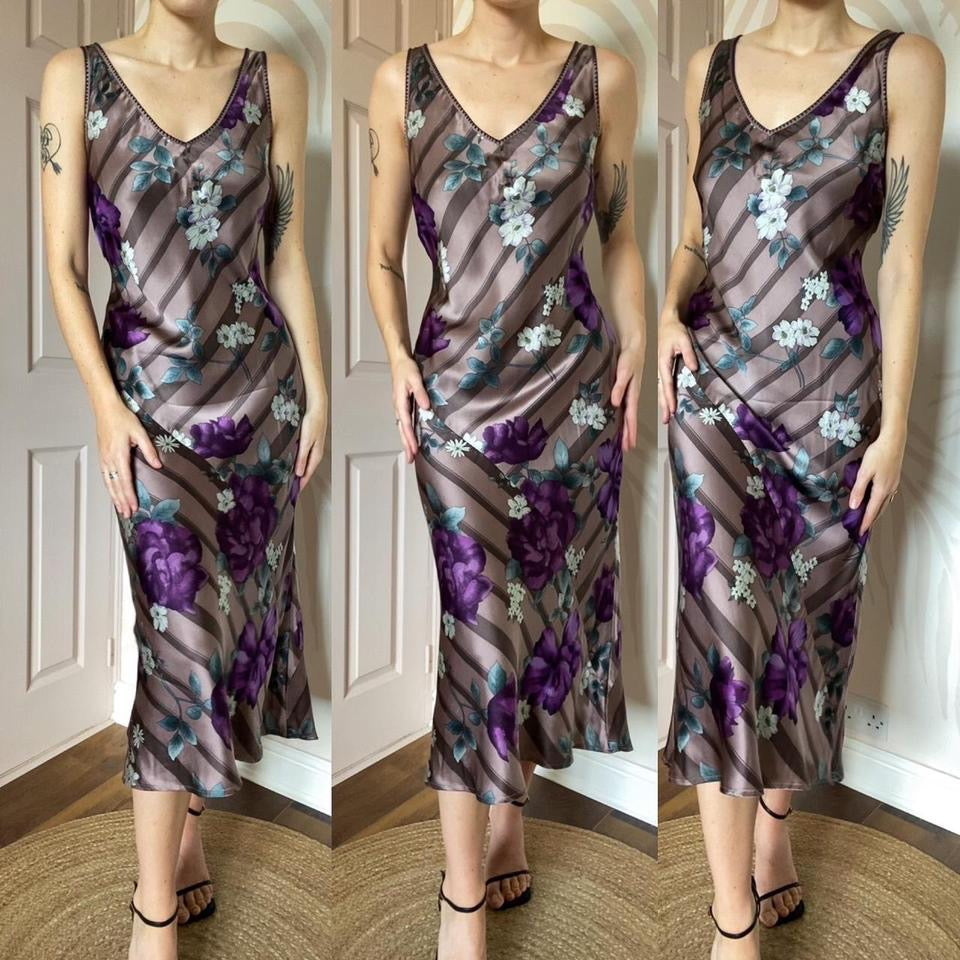 100% silk floral purple slip dress UK 14