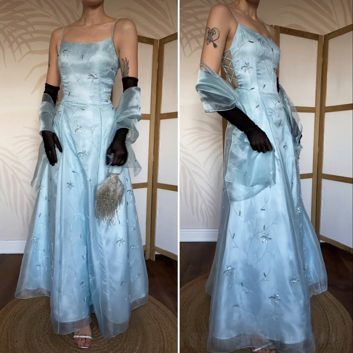 Light blue a-line organza beaded prom dress & shawl UK 12