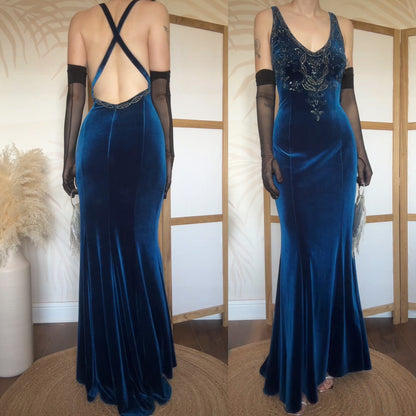Niki Livas electric blue velvet evening dress uk 14
