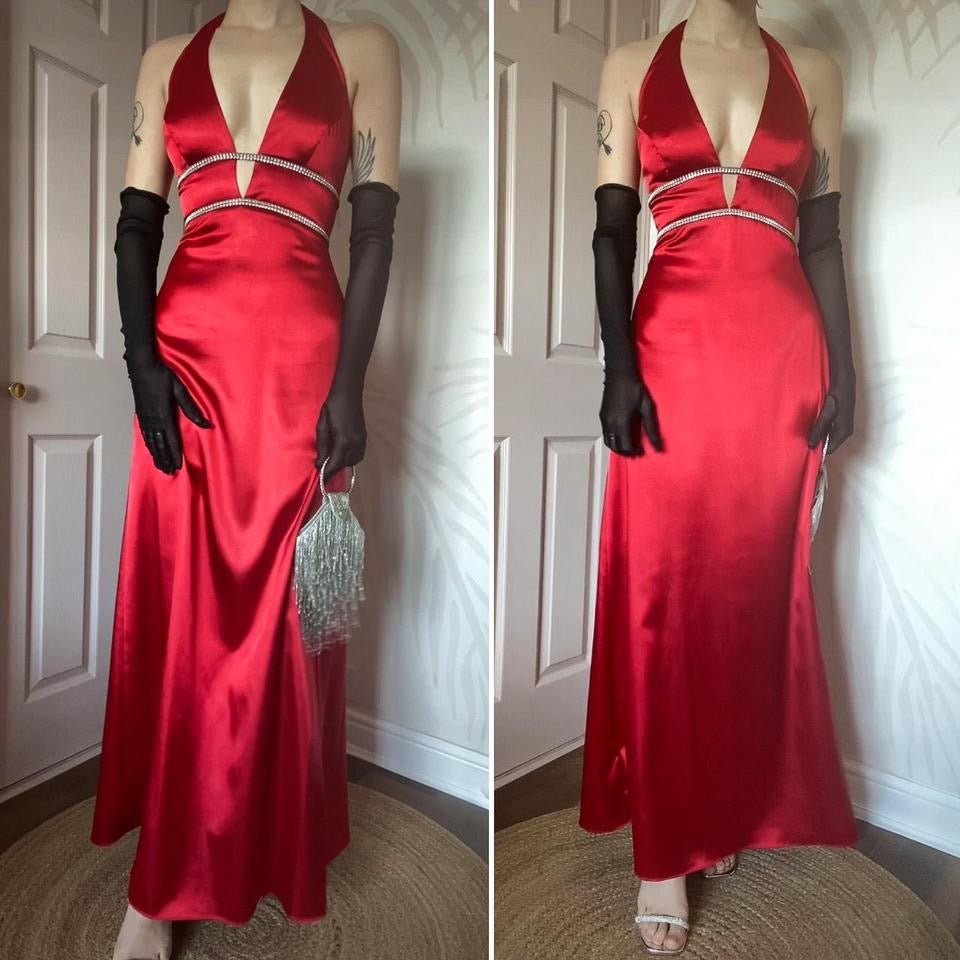 Red halter-neck diamanté evening gown UK 10-12