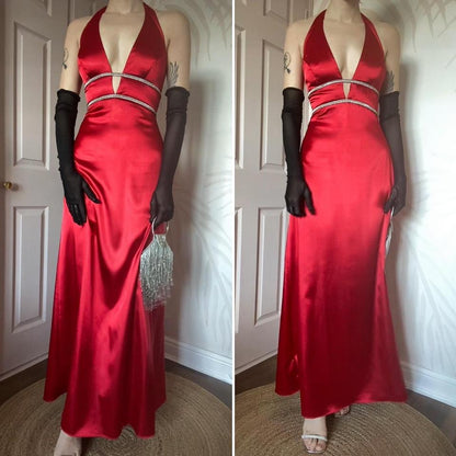 Red halter-neck diamanté evening gown UK 10-12