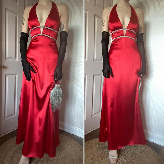 Red halter-neck diamanté evening gown UK 10-12