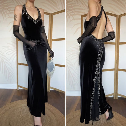 Flori Design black velvet beaded evening dress UK 14