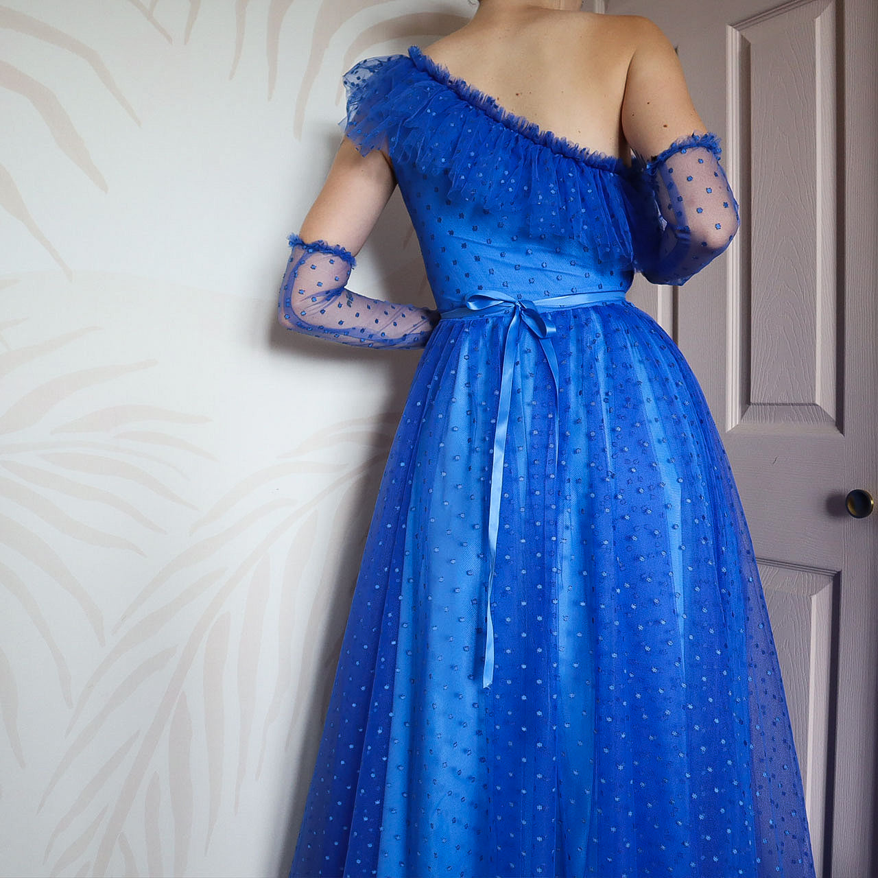 Bright blue 80s polka dot lace one shoulder gown UK 8-10