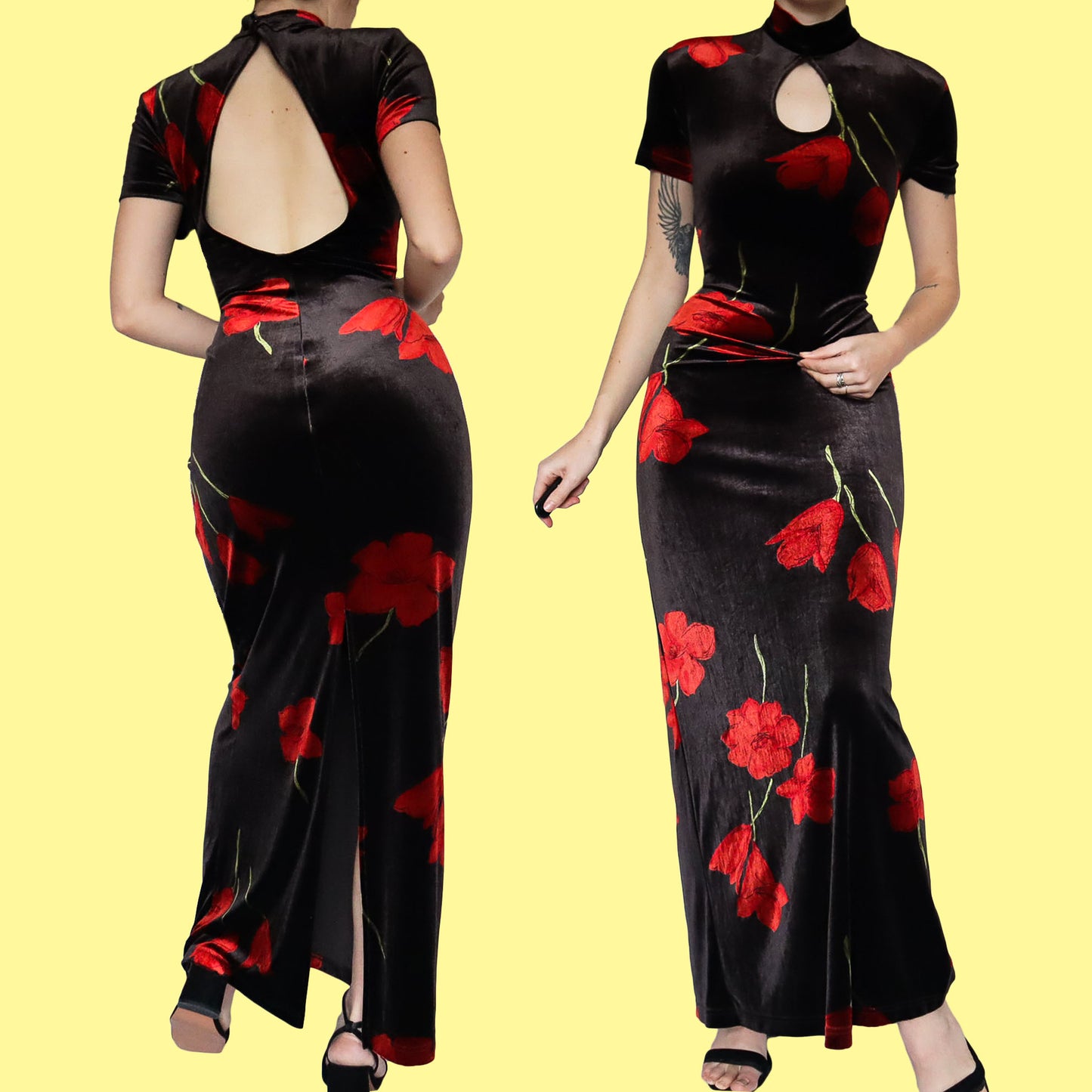 Black velvet floral evening gown UK 14