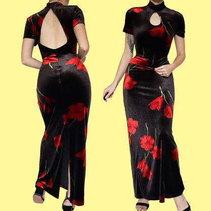 Black velvet floral evening gown UK 14