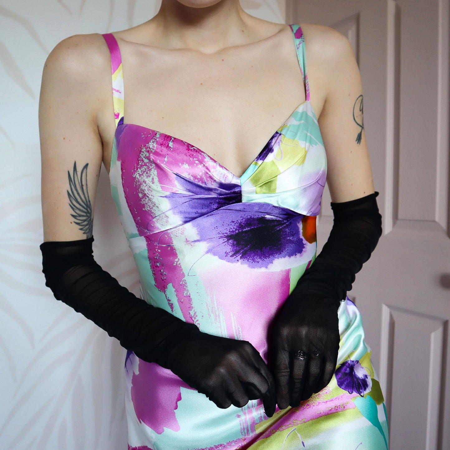 Colourful satin fishtail evening dress UK 14