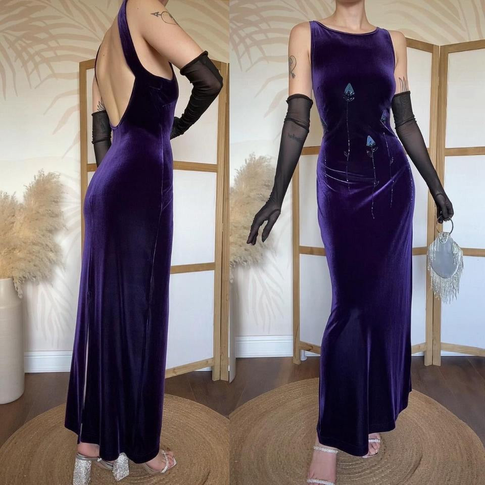 Scene purple velvet stretch evening dress uk 14-16