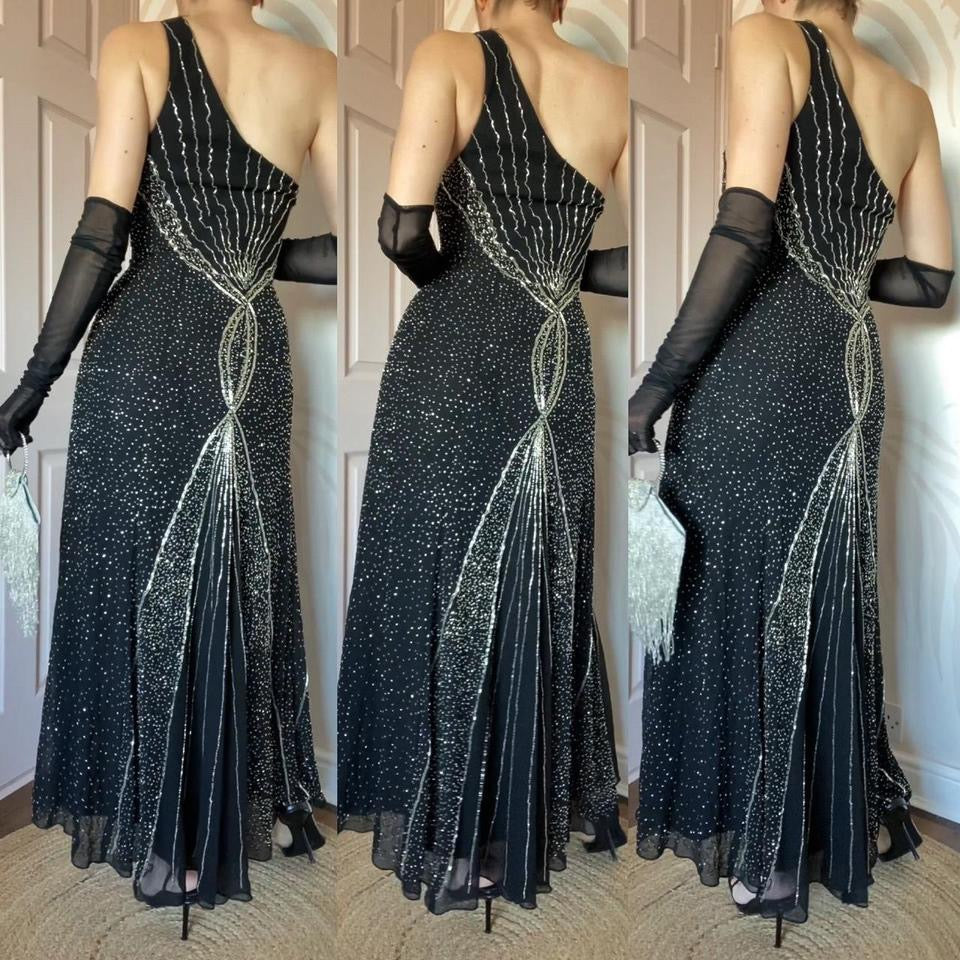 Black one shoulder beaded evening dress UK 12 & UK 16