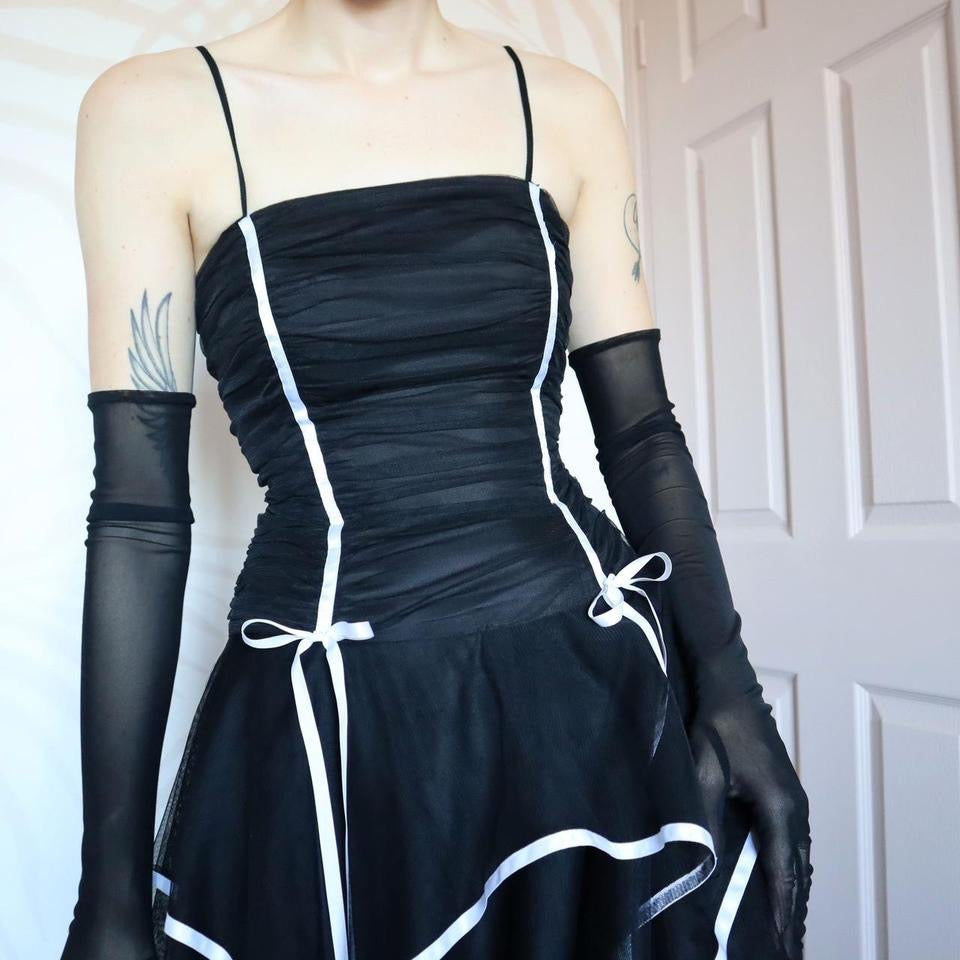 Black layered ribbon tulle evening dress UK 12 available