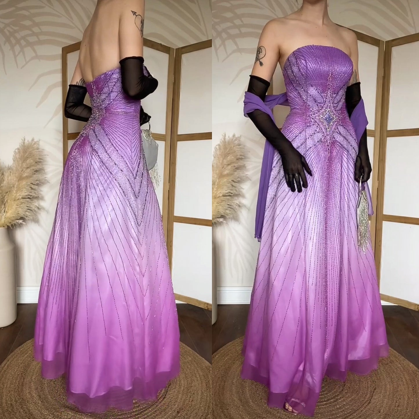Purple silk beaded prom dress & shawl uk 12