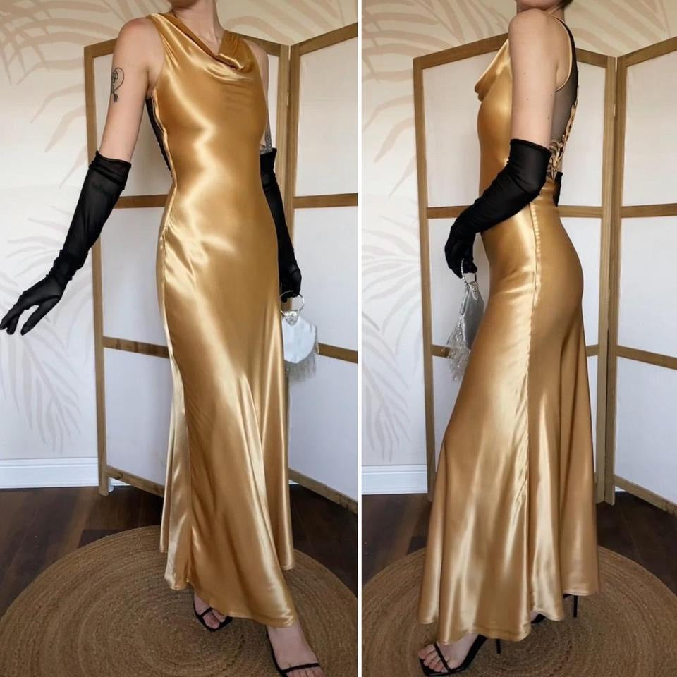 Gold YVE London satin evening dress uk 6/xs