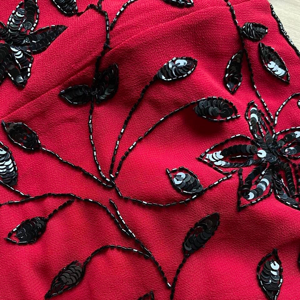 Red strapless beaded evening gown UK 14