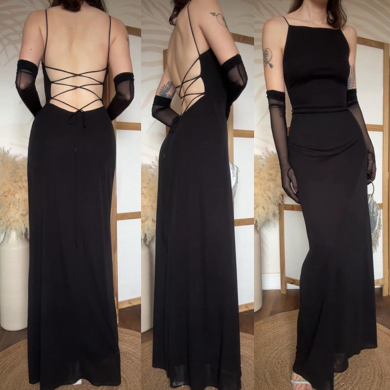 Black stretch 90s lace back evening dress uk 12