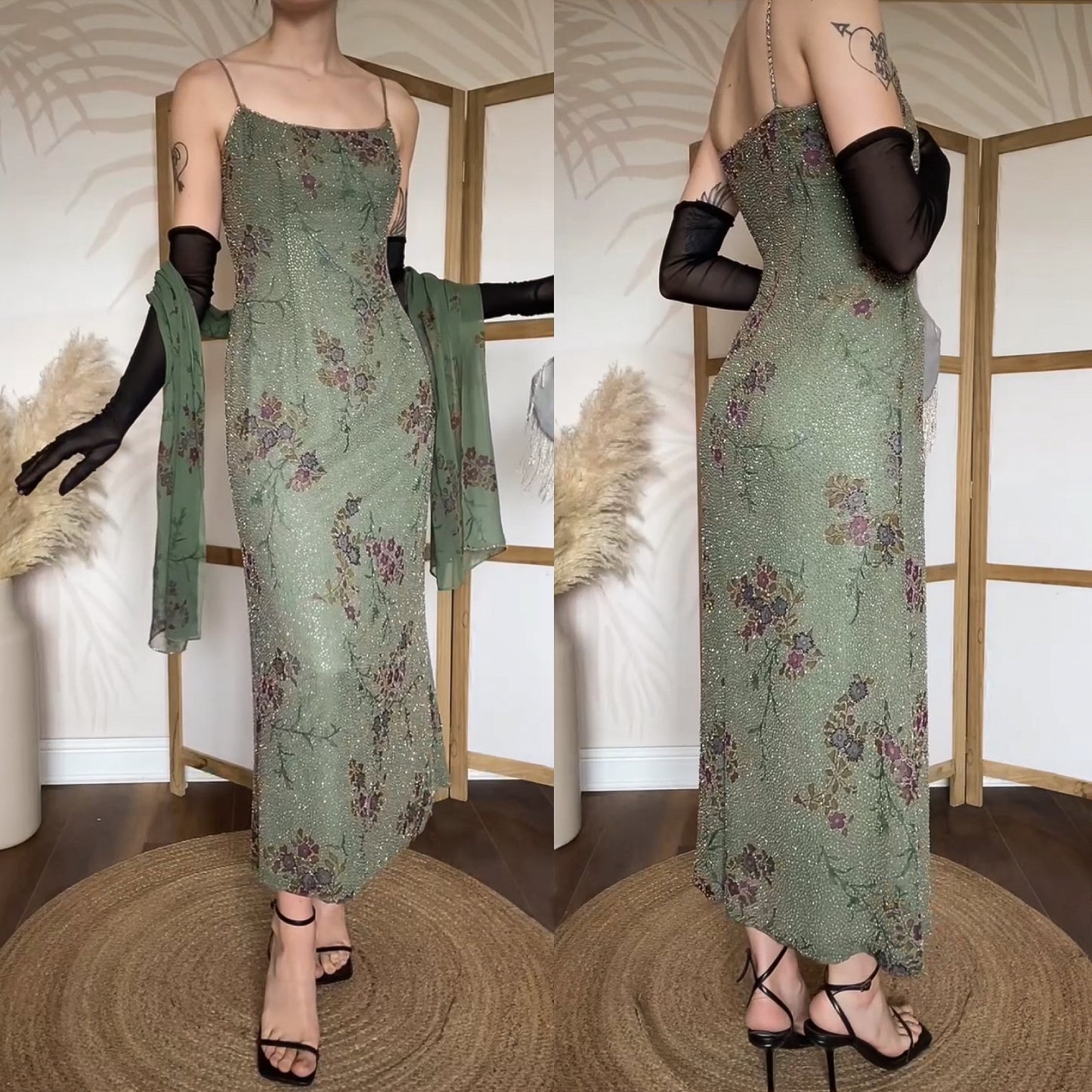 Mon Cheri green silk beaded dress & shawl uk 12