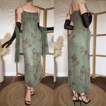 Mon Cheri green silk beaded dress & shawl uk 12